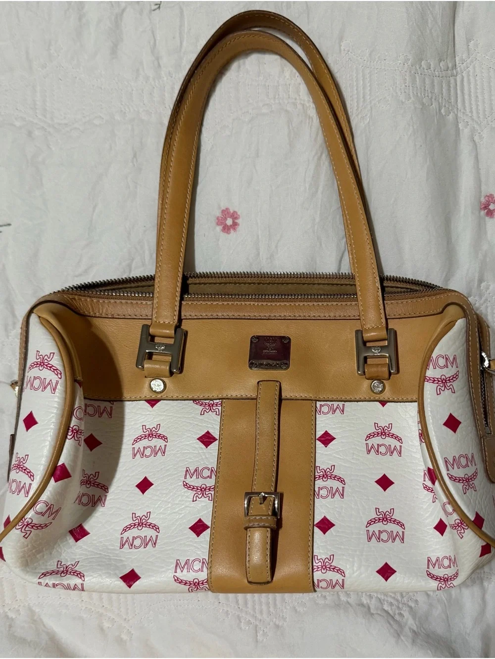 Vintage MCM Visetos Boston Bag – Cream, Pink & Tan, Silver Hardware